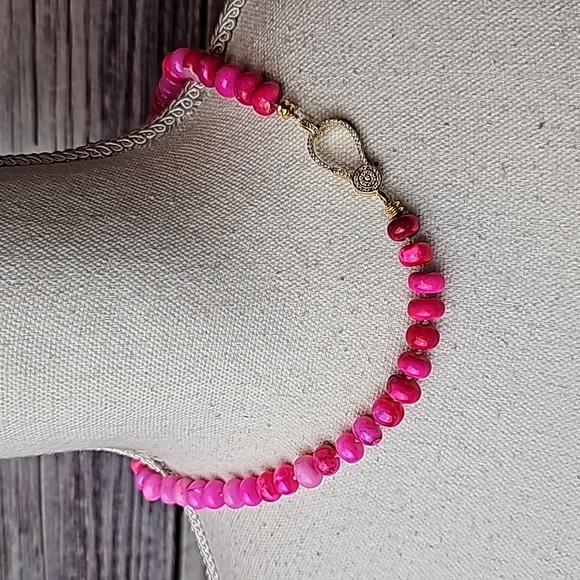 GENUINE RARE HANDSTRUNG BRIGHT PINK OPAL & DIAMOND PAVE 18" NECKLACE - Picture 6 of 15